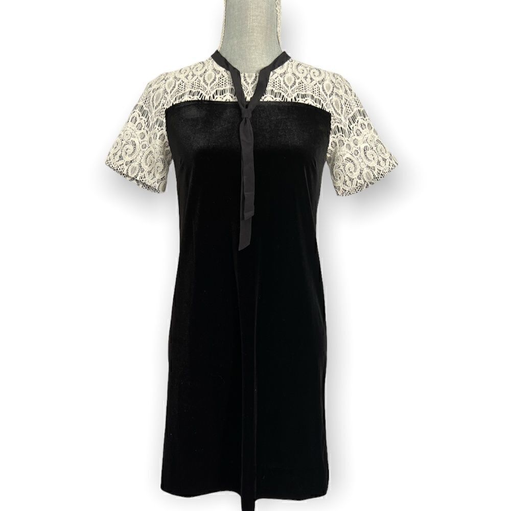 Draper James Black Velvet and Cream Lace Short Sleeve Dress Size 0